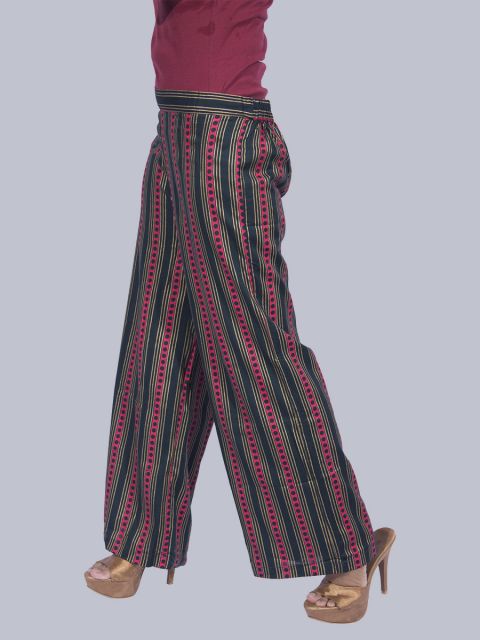 Women's Golden Striped with Blue Dots Regular Fit Palazzo Pants - Bottle Green