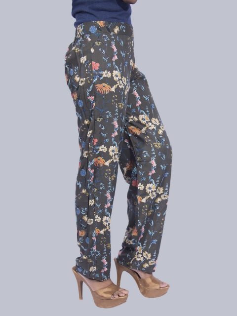 Women's Flower Print Regular Fit Palazzo Pants - Olive Green