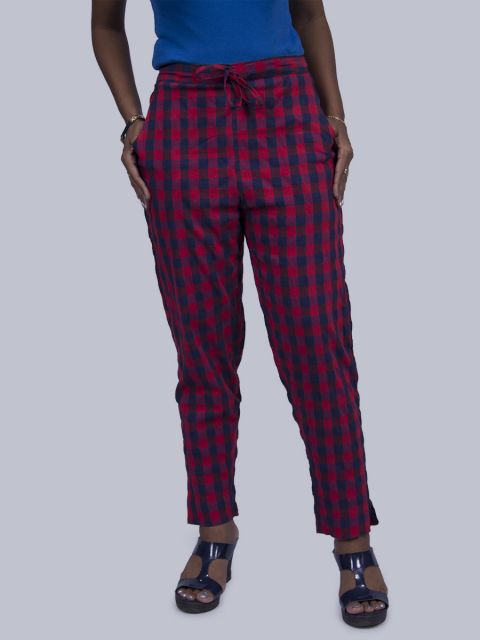 Women Chex Straight Pant - Red