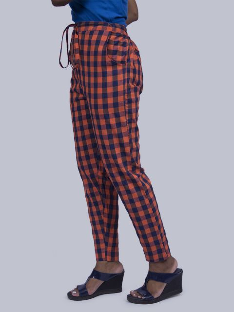 Women Chex Straight Pant - Orange