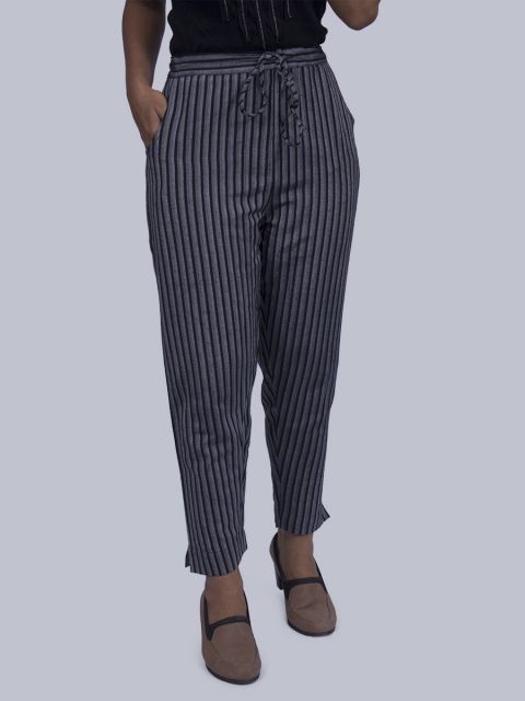 Women Black and White Striped Straight Pant - Black