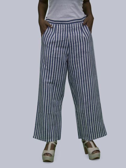 Women Striped Linen Palazzo - Blue