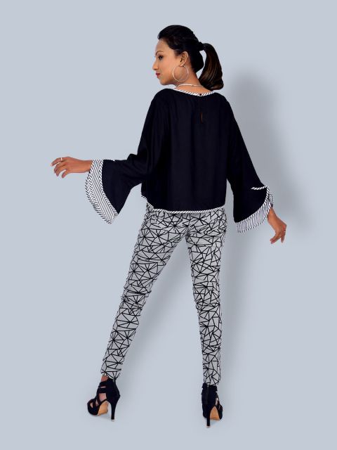 Zebra Line On Neck Full Bell Sleeves Black Top