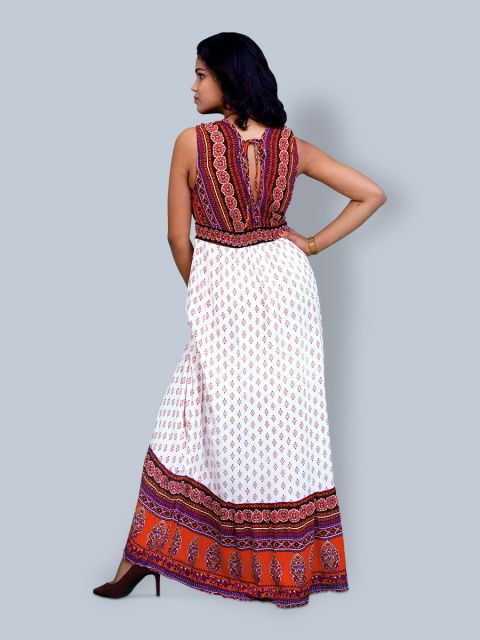 Printed Sleeveless Deep V Neck Maxi Dress 