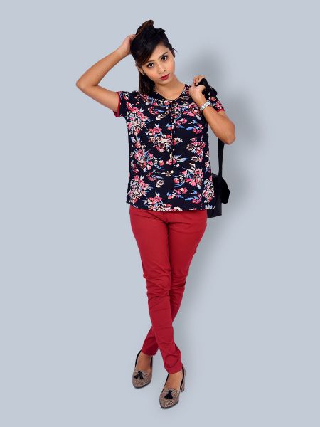 Tie Up  Knot Flower Print Top