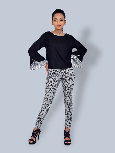 Zebra Line On Neck Full Bell Sleeves Black Top