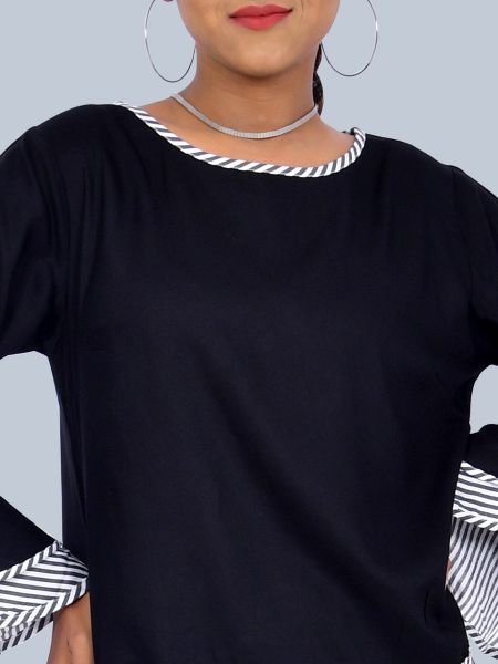 Zebra Line On Neck Full Bell Sleeves Black Top