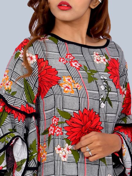 One Mtr.Layered and Flared Bell Sleeves Flower Print Tunic